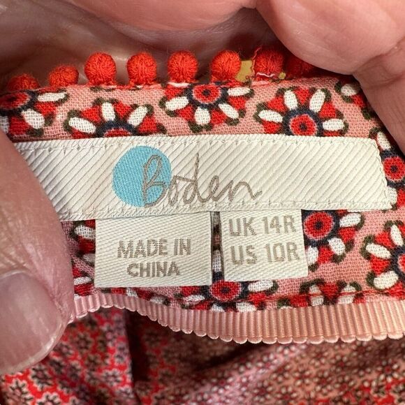 BODEN Sasha Kaftan Red 10R Peasant Dress Boho Hippie Mini Floral Print Tassels - Picture 7 of 12